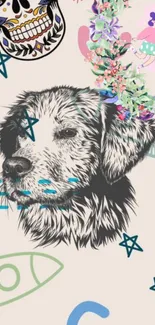 Artistic wallpaper with a sketched dog, stars, and colorful flowers.