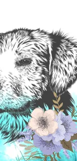 Artistic dog illustration with flowers on a blue background.