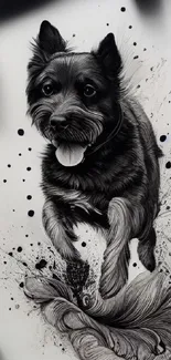 Black ink drawing of a running dog with artistic flourish.