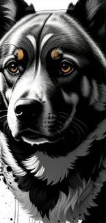 Black and white artistic dog portrait with brown eyes.