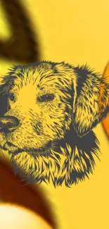 Yellow wallpaper with artistic dog illustration on vibrant background.