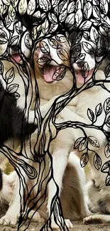 Wallpaper with dogs under a sketched tree design.