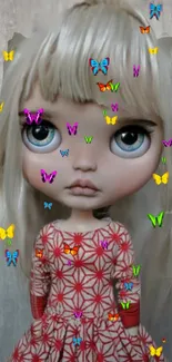 Artistic doll with colorful butterflies mobile wallpaper.