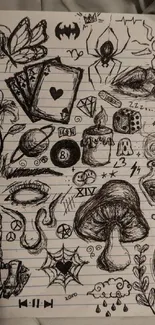 Intricate sketch and doodle art wallpaper with symbols and patterns on a lined paper.