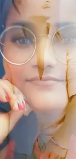 Double exposure of a woman with glasses, artistic style.