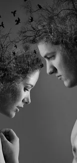 Dual exposure of man and woman with nature elements, black and white.