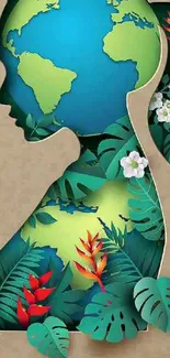 Silhouette wallpaper with earth and vibrant nature elements, artistic design.