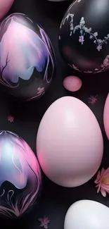 Beautiful pastel and floral decorated eggs on a dark background.