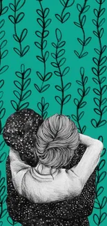 Artistic couple embrace with teal background and black leaves.