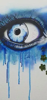 Artistic blue eye painting with drips and abstract elements.