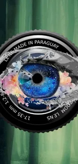 Artistic cosmic eye and lens with floral accents on green background.