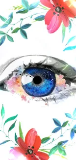 Artistic wallpaper with blue eye and floral snowflakes.