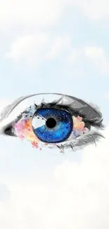 Artistic blue eye with floral design on a light blue background.