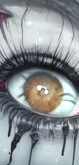 Intricate eye artwork with dark drips and gray background.