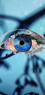 Artistic eye wallpaper with blue and floral details.