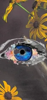 Mobile wallpaper of an artistic eye surrounded by vivid yellow flowers.