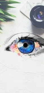 Artistic eye with galaxy and flowers on marble surface.