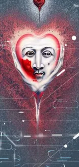 Surreal heart-shaped face art with red and grey tones, perfect for mobile wallpaper.