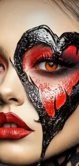 Person with bold face paint in red and black.