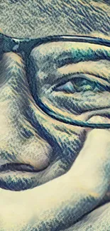 Artistic blue-grey face sketch wallpaper with glasses detail.