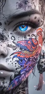 Artistic face with colorful tattoos and blue eye.
