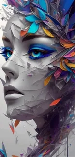 Surrealistic face adorned with colorful, abstract elements.