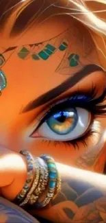 Close-up of a blue-eyed fantasy character with intricate makeup and jewelry.