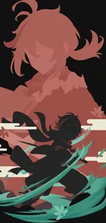 Anime-style silhouette artwork with fantasy elements on a mobile wallpaper.