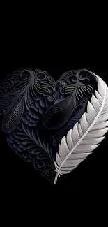 Heart and feather art on black background wallpaper.