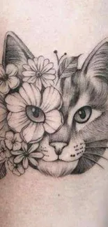 Floral cat tattoo design on skin, highlighting artistic detail.