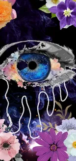 Surreal eye with flowers in vibrant mobile wallpaper.