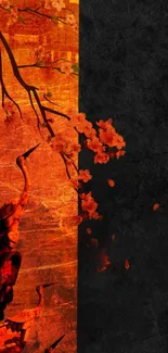 Artistic mobile wallpaper with orange blossoms on a dark background.