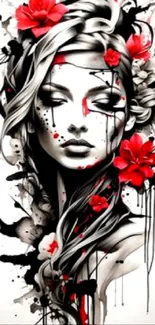 Artistic monochrome portrait with red flowers.