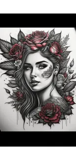 Artistic black and white woman portrait with red roses.