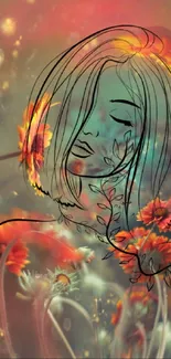 Artistic floral sketch wallpaper with warm hues.