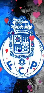 Vibrant football crest with blue and heart accents on dynamic background.