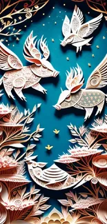 Intricate paper-cut forest animals on teal background wallpaper.