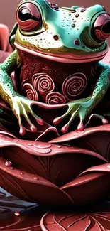 Artistic frog sitting in a rose flower.