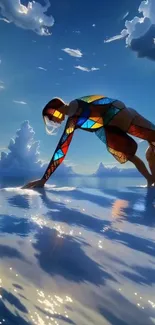 Futuristic stained glass human on reflective water with clouds.