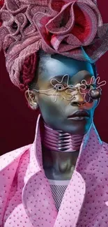 Artistic futuristic portrait with vibrant colors and unique fashion elements.