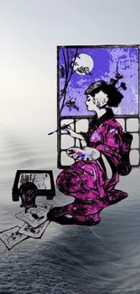 Geisha painting by the ocean in vibrant purple.