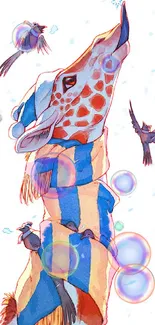 Illustrated giraffe in winter scarf with birds and snow.