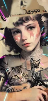 Artistic girl holding a cat with neon accents