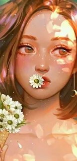 Artistic illustration of a girl with daisies bouquet.