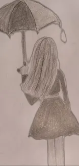 Pencil sketch of a girl with an umbrella in grayscale.