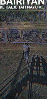 Glitchy street scene with lone figure and shadow effect.