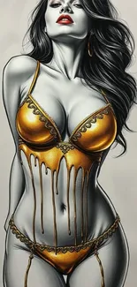 Artistic gold lingerie portrait with monochrome tones.