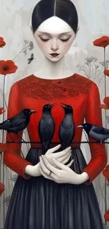 Gothic-style girl with poppies and birds.