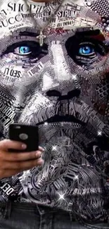 Intricate graphic design t-shirt with blue-eyed face.