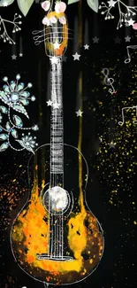 Artistic guitar wallpaper with floral and music notes.